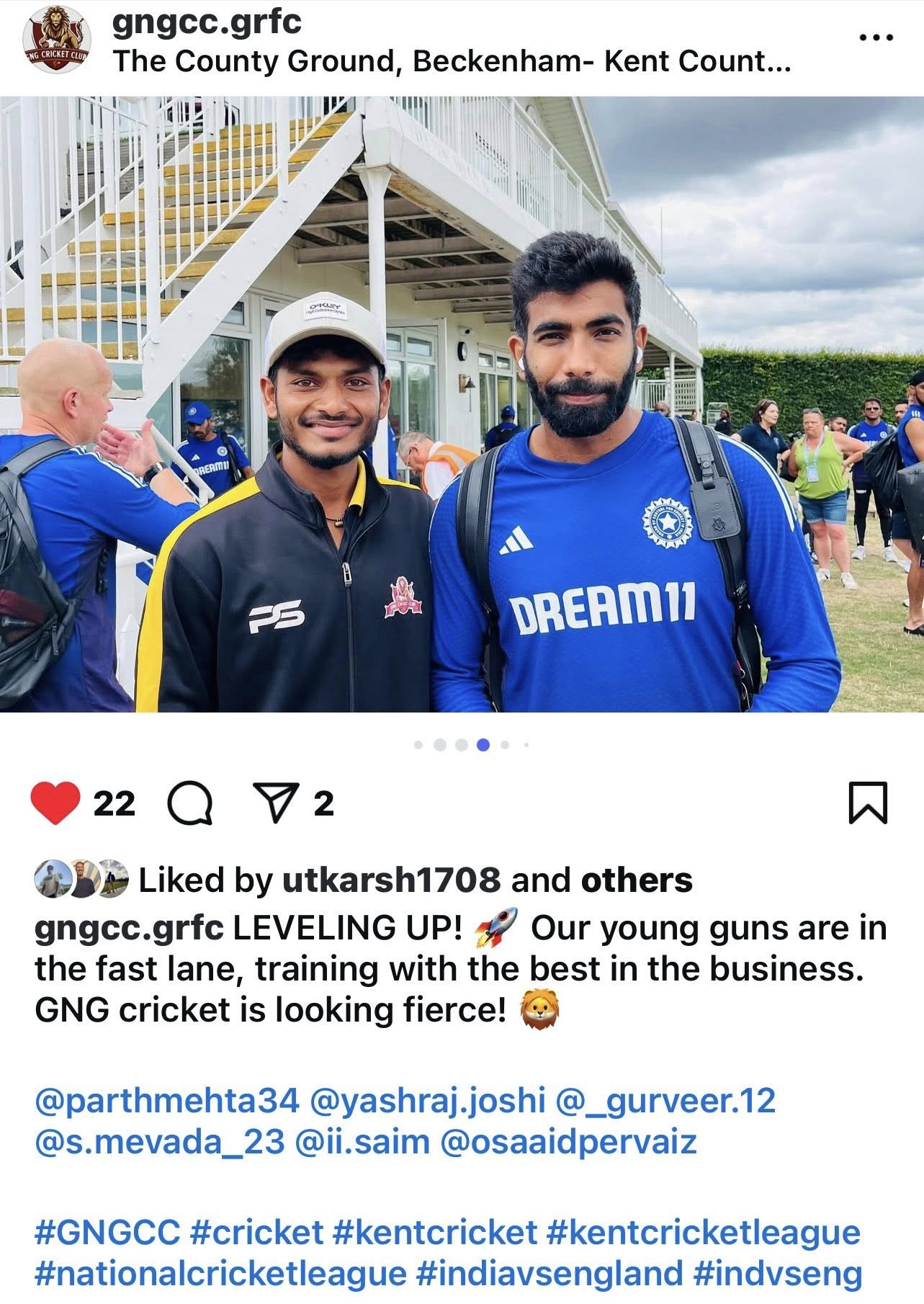 GNG CC players with Jasprit Bumrah