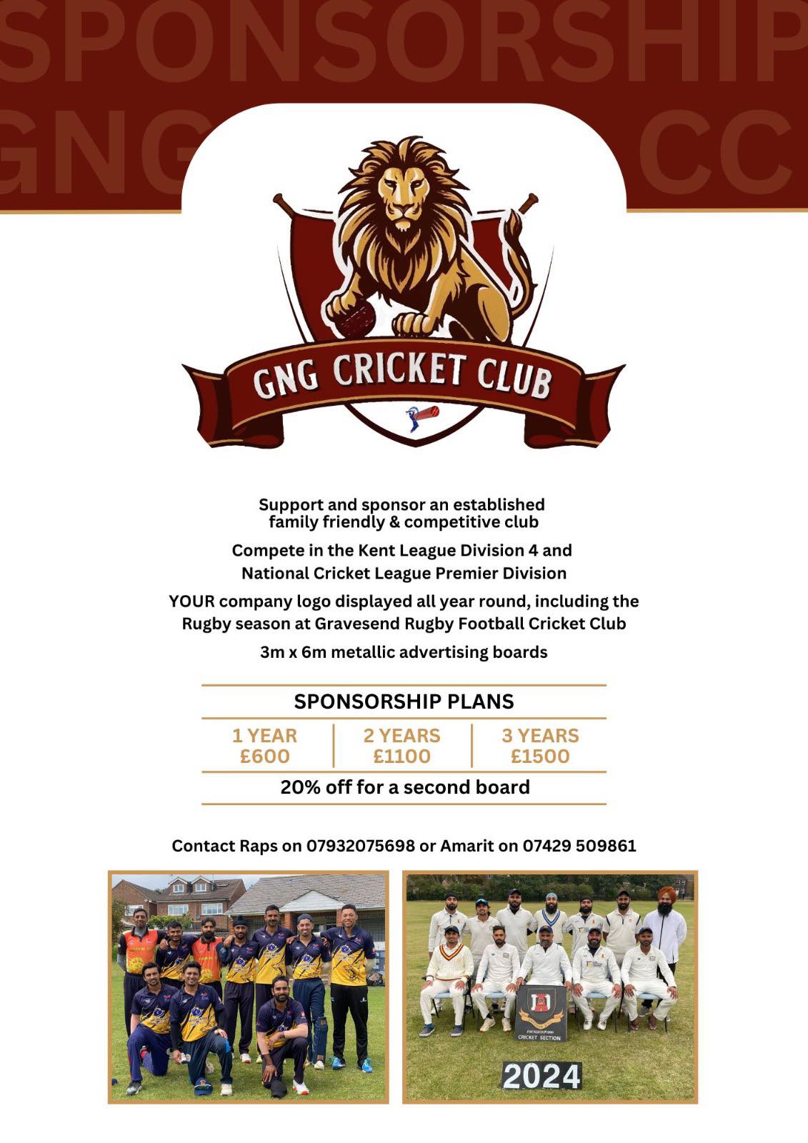 GNG Cricket Club sponsorship rates and advertising board opportunities